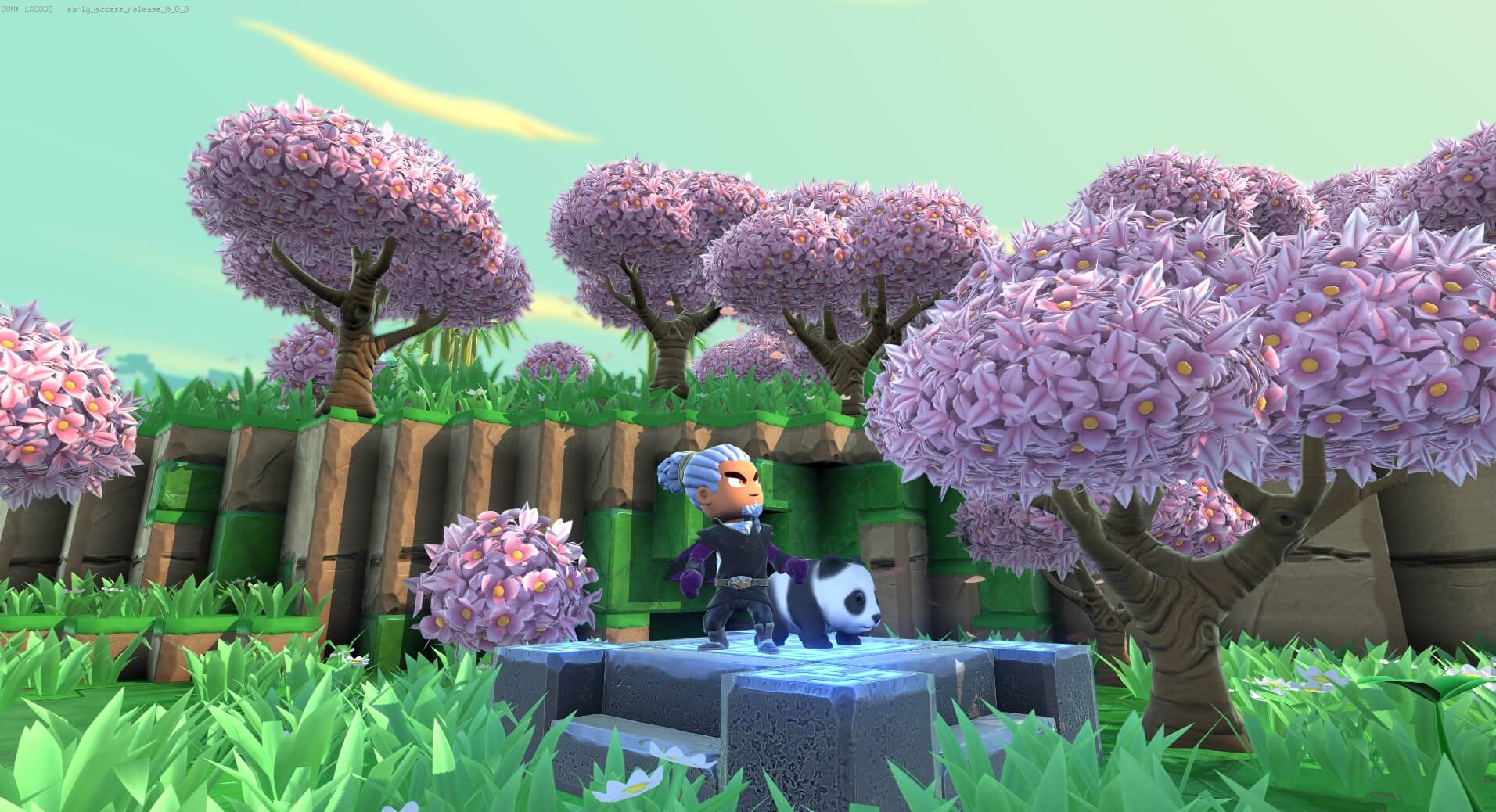 Portal Knights Screenshot of character with pet panda in a field with trees